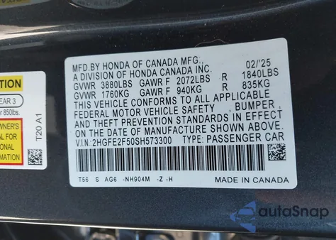 2025 Honda Civic Sport из США, поврежденный, VIN 2HGFE2F50SH573300